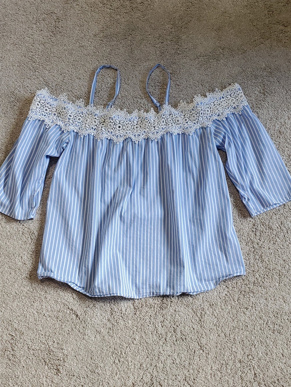 A. Byer Light Blue & White Striped Off-Shoulder Lace Trim Top. Medium
